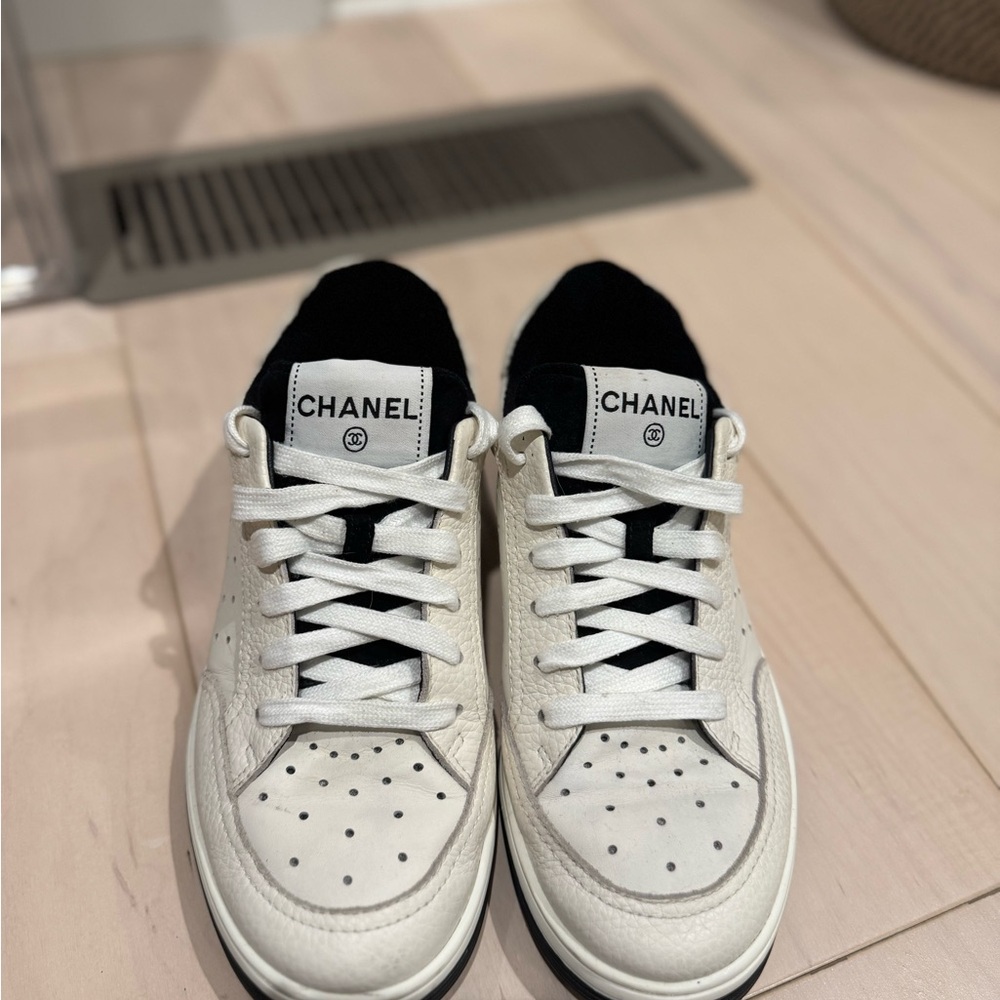 CHANEL White and Black Leather Sneakers - Picture 2 of 5